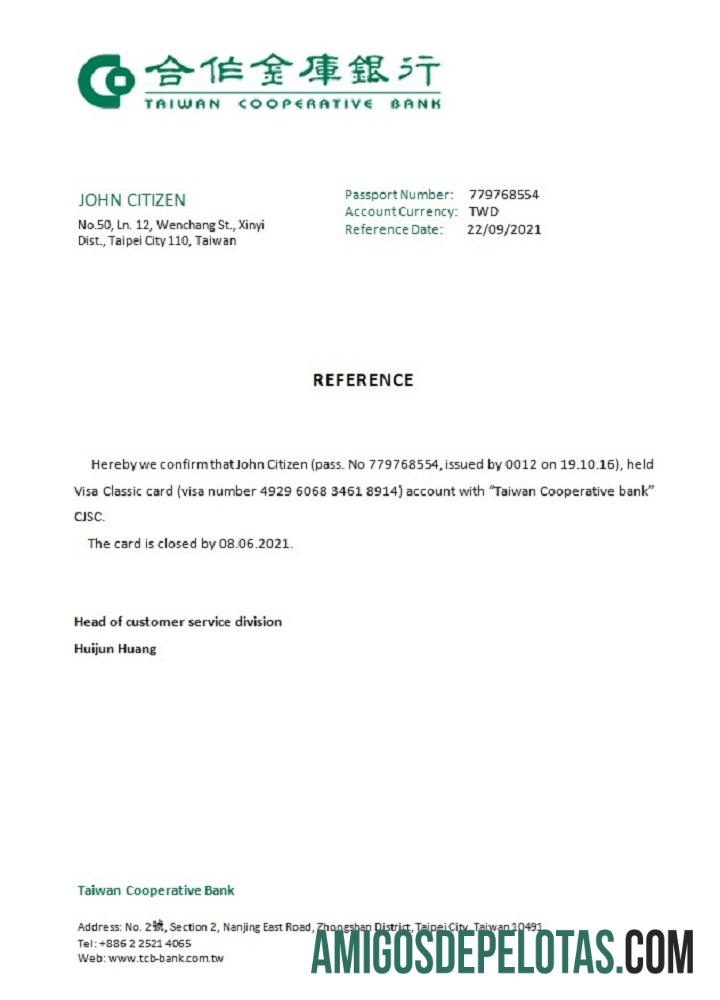 Referência de fechamento do banco cooperativo de Taiwan Taiwan modelo